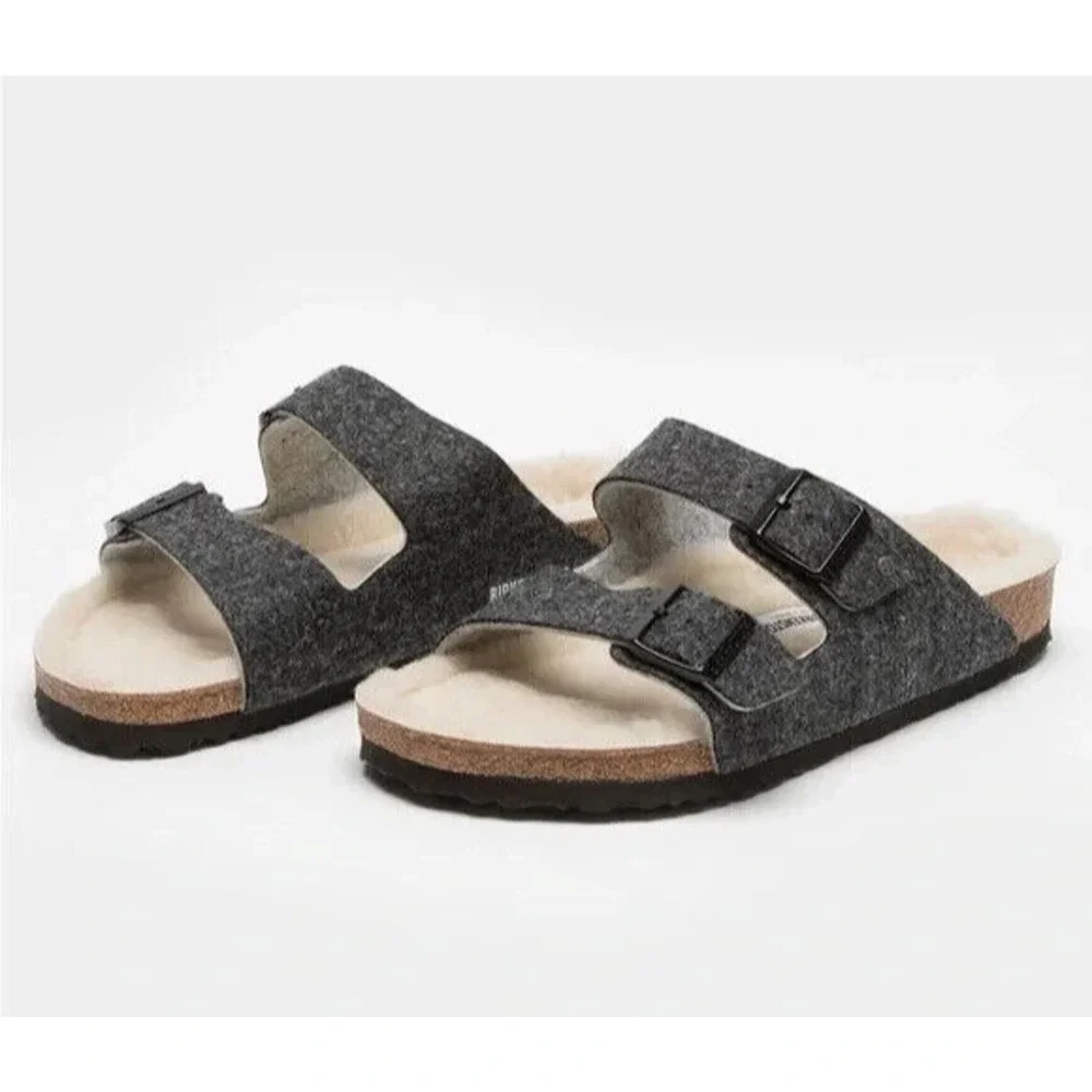 Birkenstock Arizona Shearling Sandal Charcoal Gray Cork Suede Women's 39 Size 8 - Picture 1 of 16